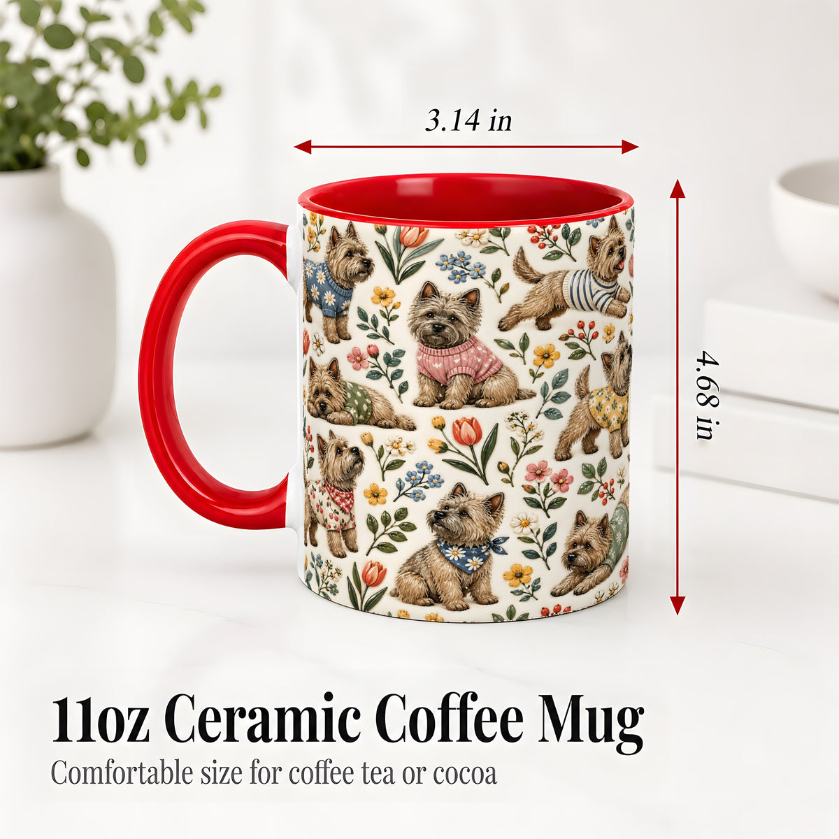 #pl[11oz|Red] Floral Terrier Accent Mug, Ceramic Mug with Botanical Dog Artwork