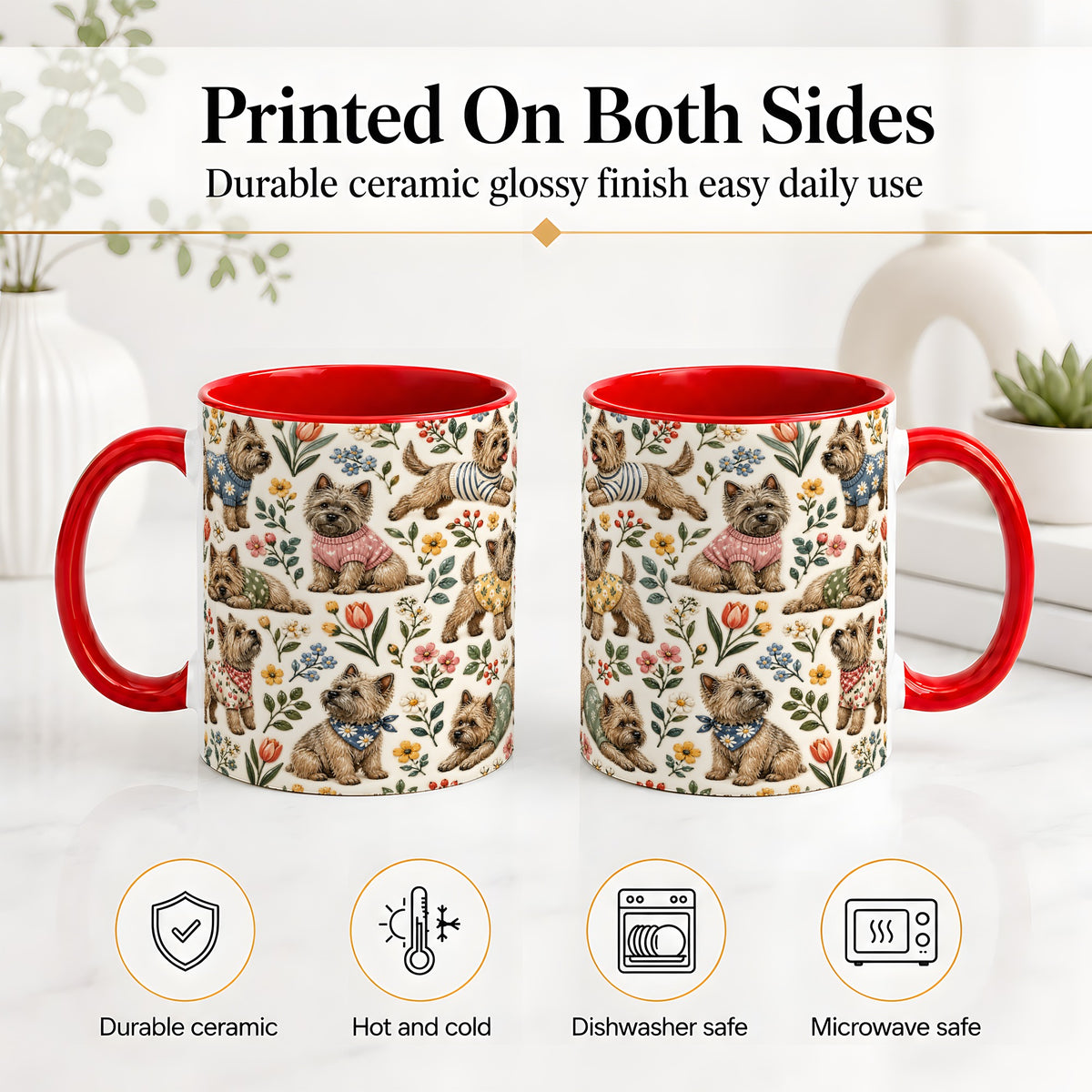 #pl[11oz|Red] Floral Terrier Accent Mug, Ceramic Mug with Botanical Dog Artwork