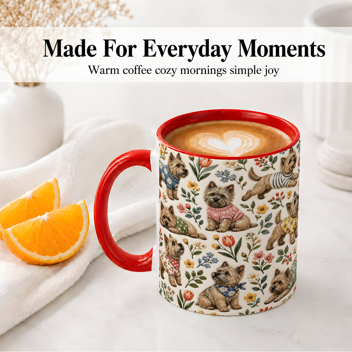 #pl[11oz|Red] Floral Terrier Accent Mug, Ceramic Mug with Botanical Dog Artwork