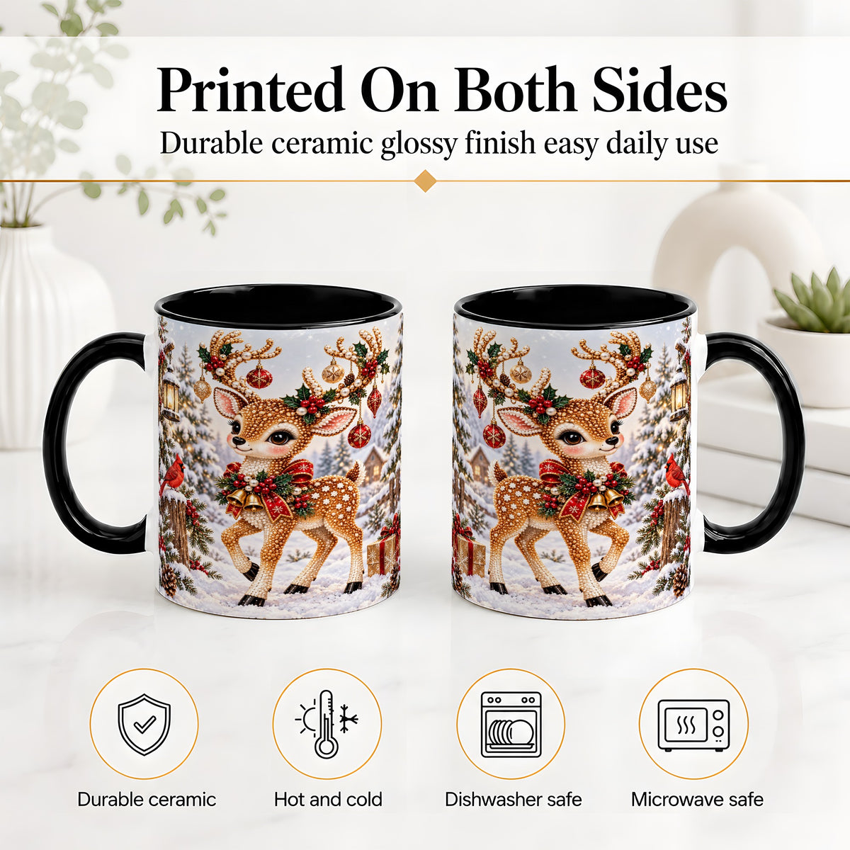 #pl[11oz|Black] Festive Reindeer Accent Mug, Ceramic Mug with Christmas Artwork