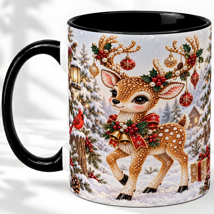 #pl[11oz|Black] Festive Reindeer Accent Mug, Ceramic Mug with Christmas Artwork