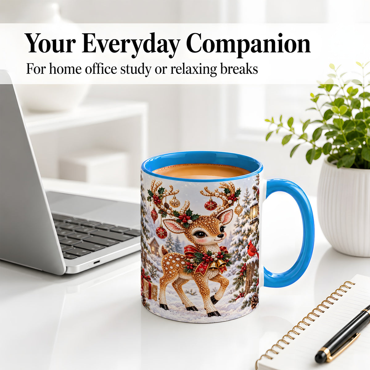 #pl[11oz|Blue] Festive Reindeer Accent Mug, Ceramic Mug with Christmas Artwork