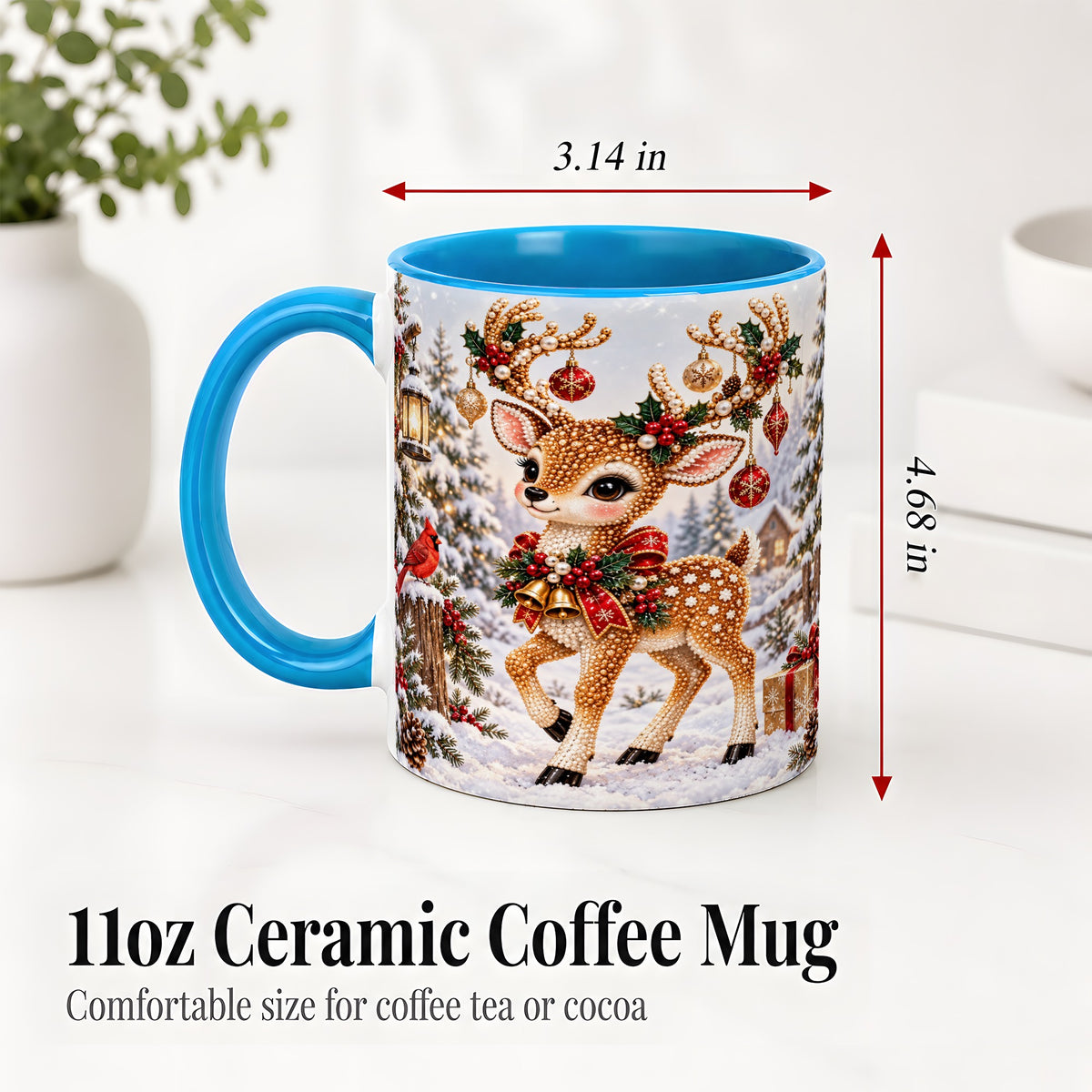#pl[11oz|Blue] Festive Reindeer Accent Mug, Ceramic Mug with Christmas Artwork