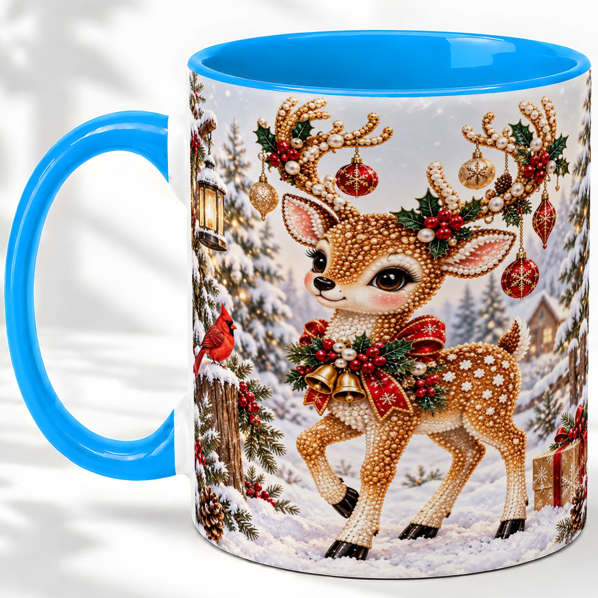 #pl[11oz|Blue] Festive Reindeer Accent Mug, Ceramic Mug with Christmas Artwork