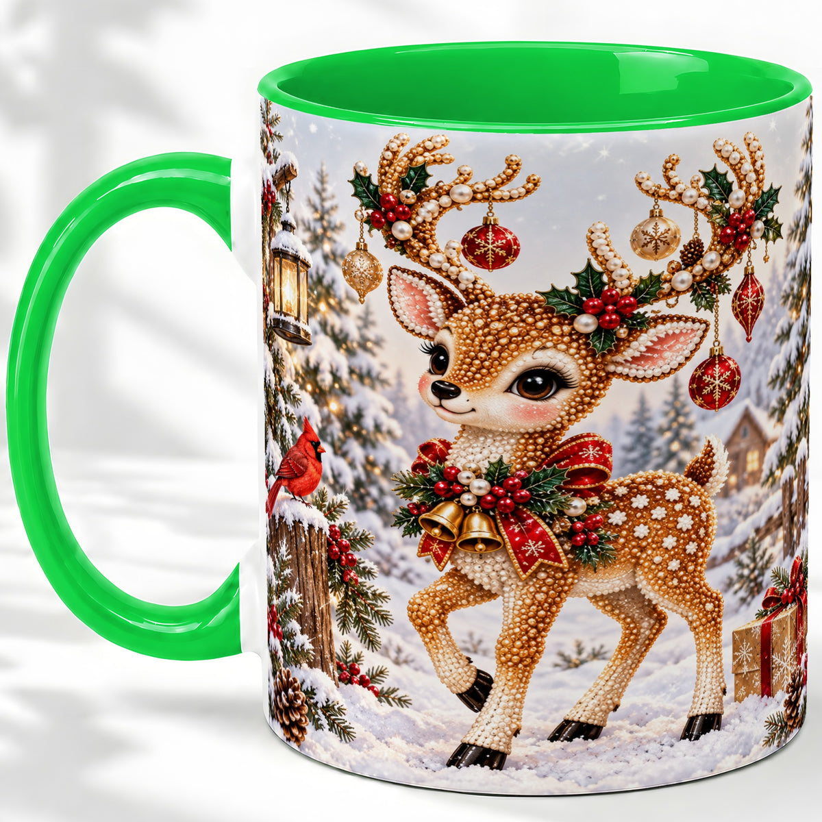 #pl[11oz|Green] Festive Reindeer Accent Mug, Ceramic Mug with Christmas Artwork