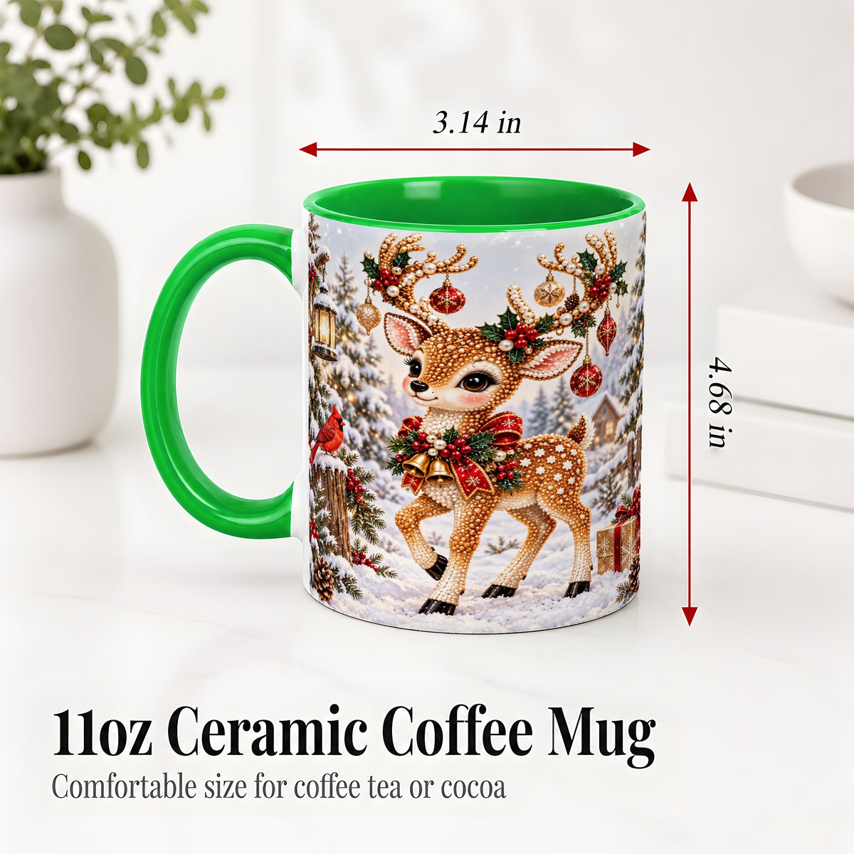 #pl[11oz|Green] Festive Reindeer Accent Mug, Ceramic Mug with Christmas Artwork