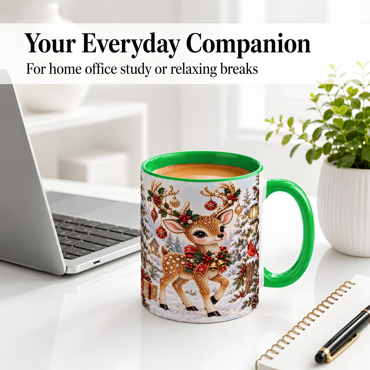 #pl[11oz|Green] Festive Reindeer Accent Mug, Ceramic Mug with Christmas Artwork