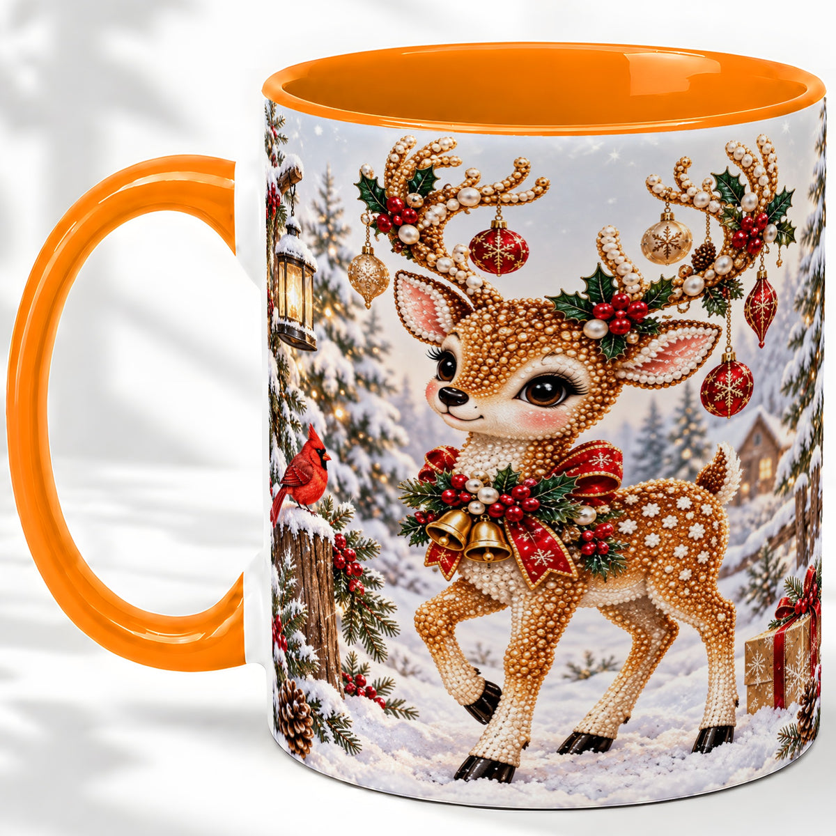#pl[11oz|Orange] Festive Reindeer Accent Mug, Ceramic Mug with Christmas Artwork