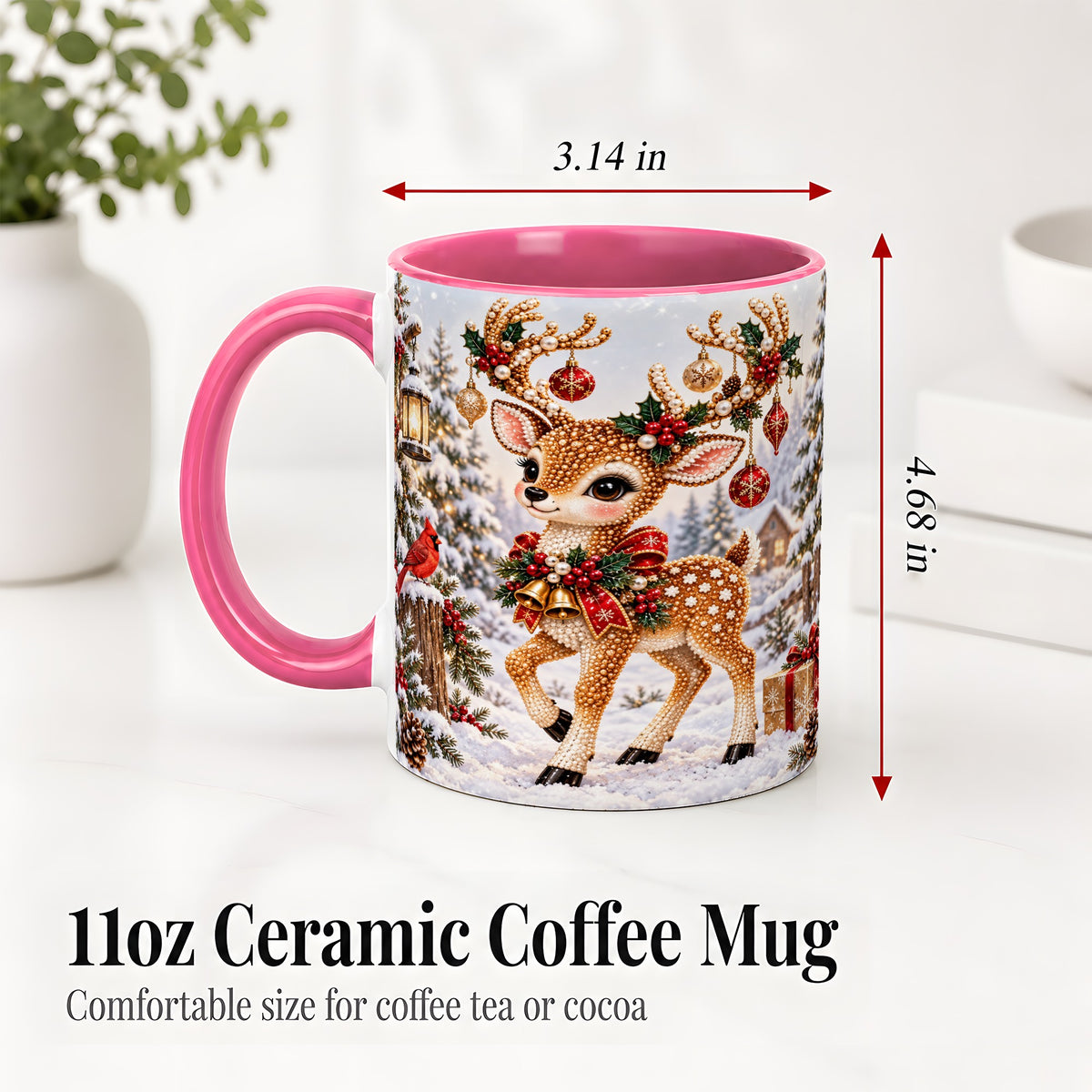 #pl[11oz|Pink] Festive Reindeer Accent Mug, Ceramic Mug with Christmas Artwork
