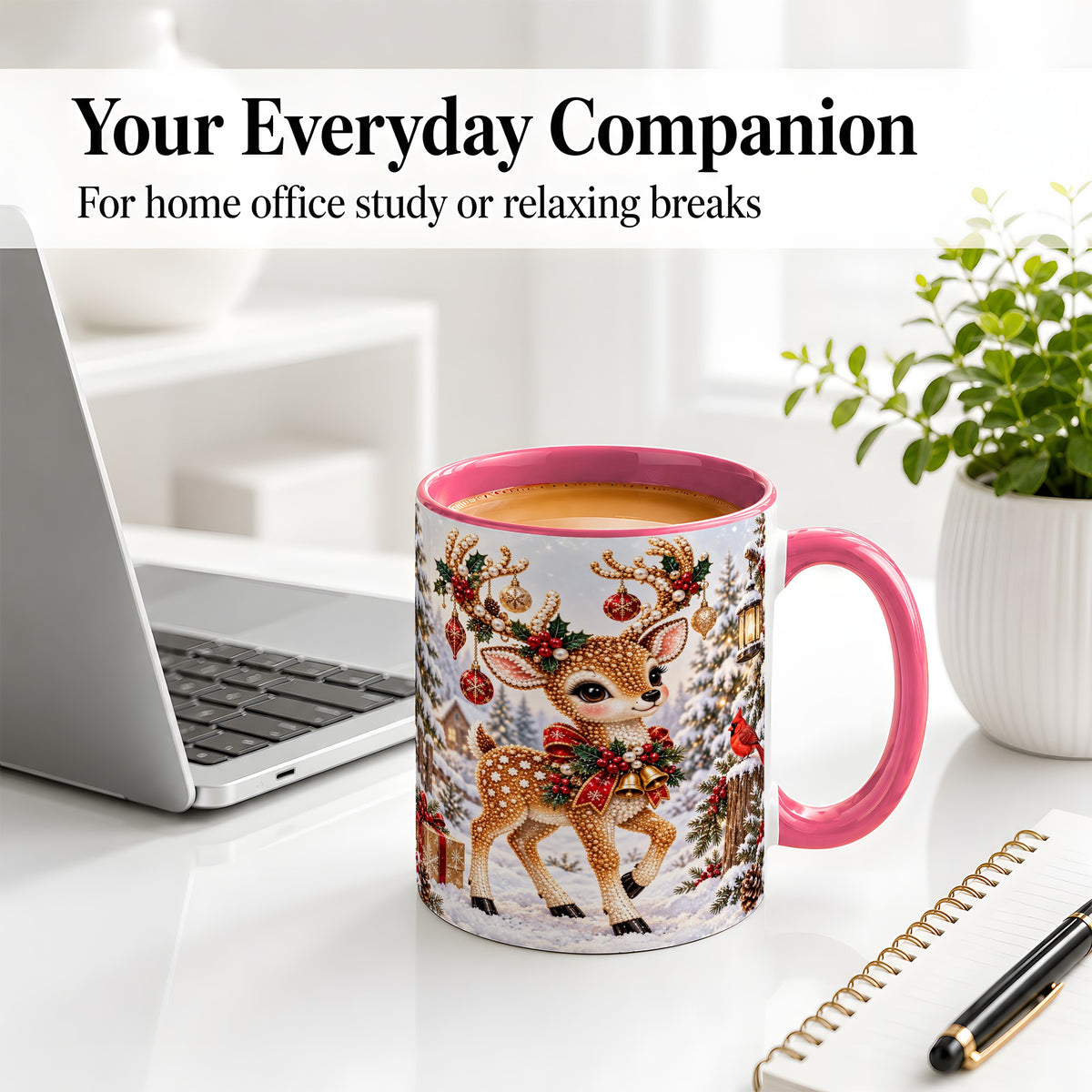#pl[11oz|Pink] Festive Reindeer Accent Mug, Ceramic Mug with Christmas Artwork