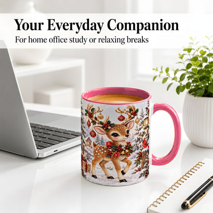 #pl[11oz|Pink] Festive Reindeer Accent Mug, Ceramic Mug with Christmas Artwork