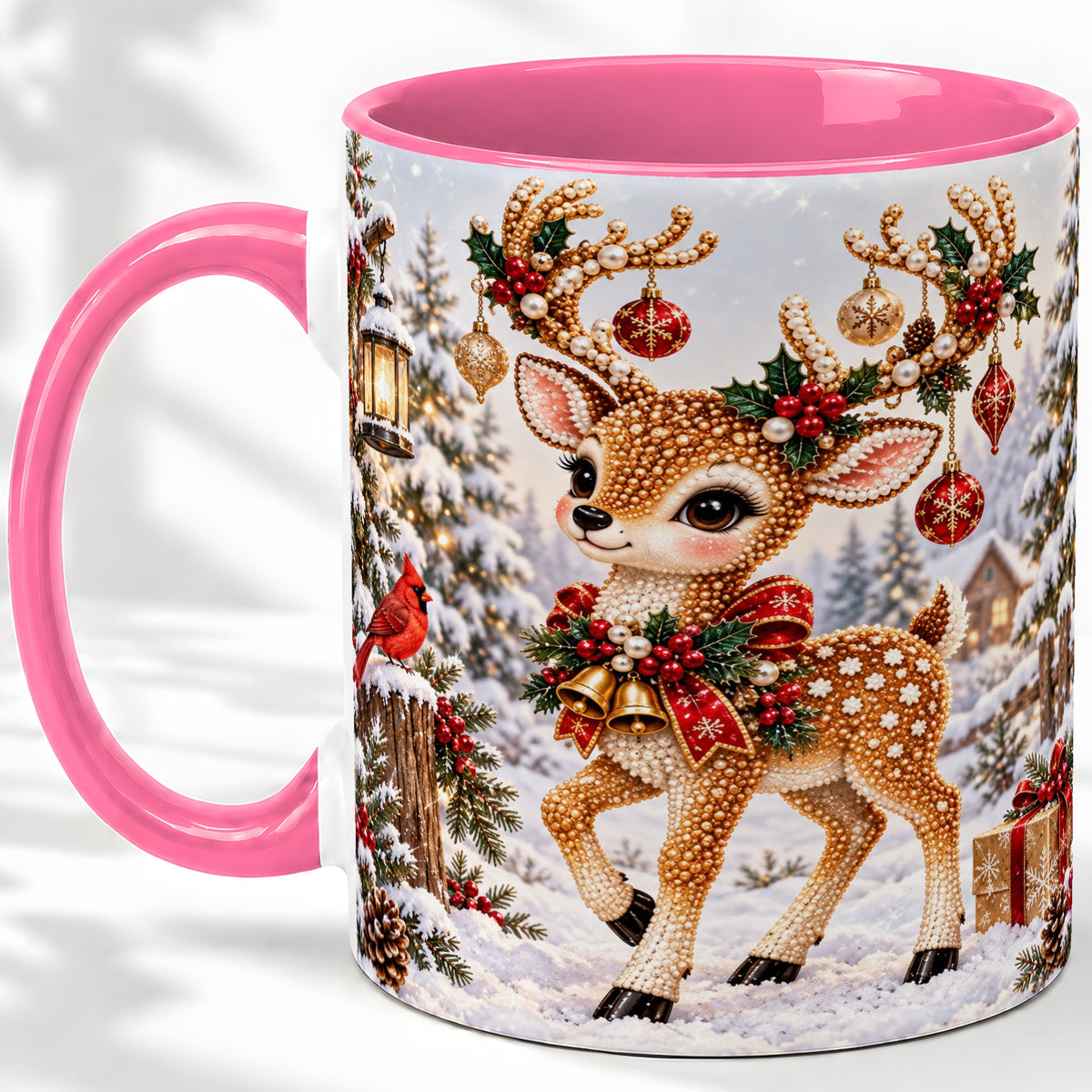 #pl[11oz|Pink] Festive Reindeer Accent Mug, Ceramic Mug with Christmas Artwork
