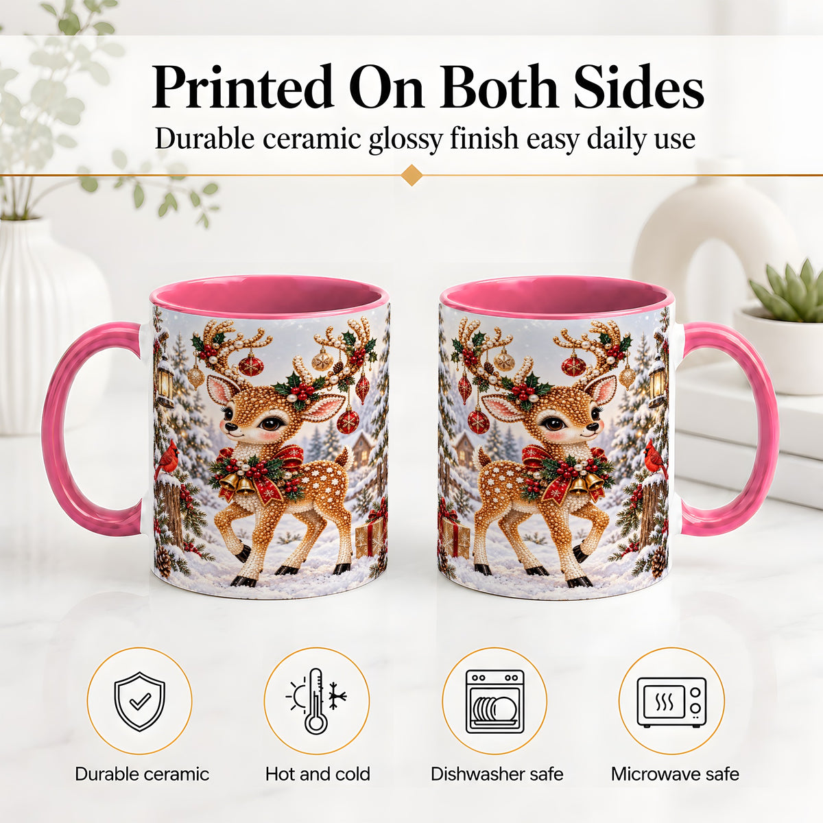 #pl[11oz|Pink] Festive Reindeer Accent Mug, Ceramic Mug with Christmas Artwork