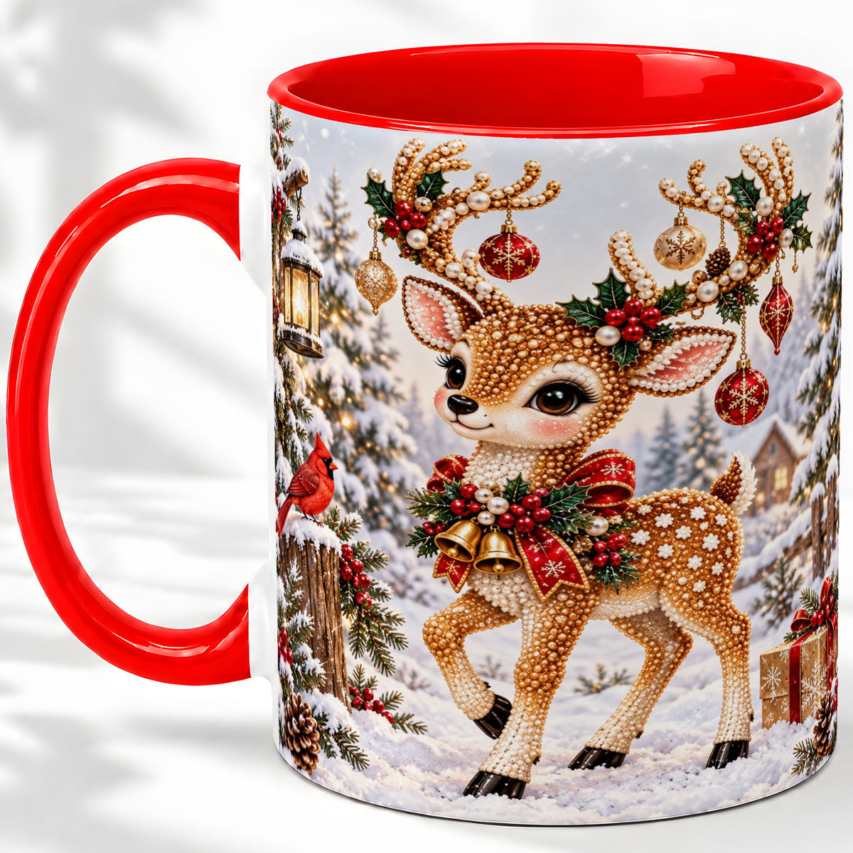 Festive Reindeer Accent Mug, Ceramic Mug with Christmas Artwork