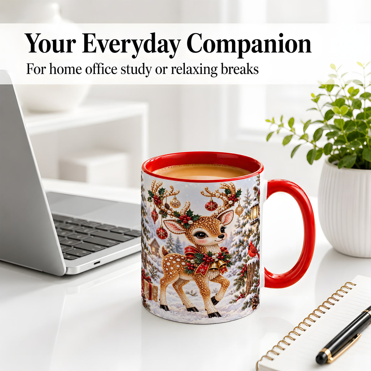 #pl[11oz|Red] Festive Reindeer Accent Mug, Ceramic Mug with Christmas Artwork