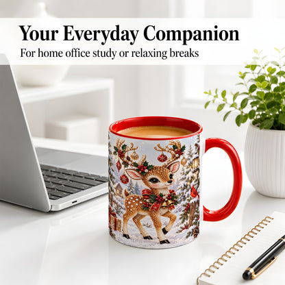 #pl[11oz|Red] Festive Reindeer Accent Mug, Ceramic Mug with Christmas Artwork