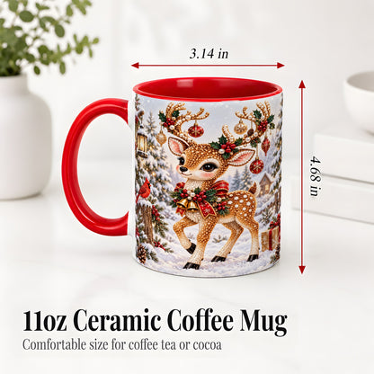 #pl[11oz|Red] Festive Reindeer Accent Mug, Ceramic Mug with Christmas Artwork