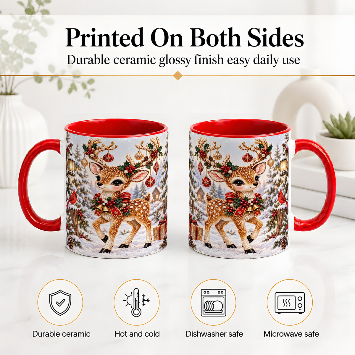 #pl[11oz|Red] Festive Reindeer Accent Mug, Ceramic Mug with Christmas Artwork