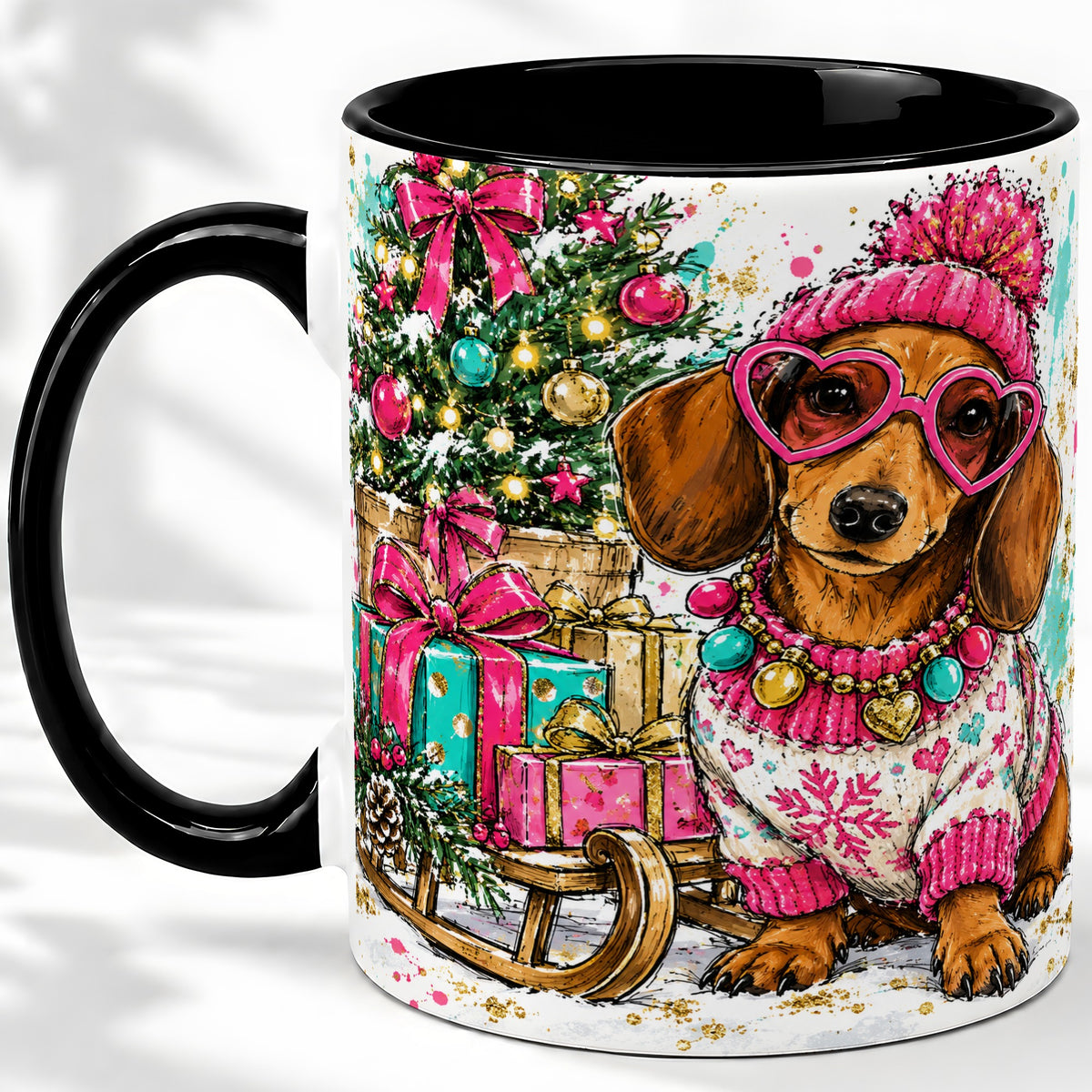 #pl[11oz|Black] Colorful Christmas Dachshund Accent Mug, Ceramic Mug with Dog Art