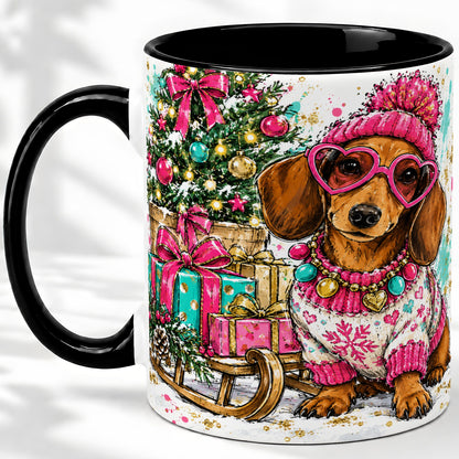 #pl[11oz|Black] Colorful Christmas Dachshund Accent Mug, Ceramic Mug with Dog Art