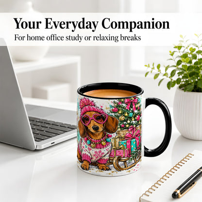 #pl[11oz|Black] Colorful Christmas Dachshund Accent Mug, Ceramic Mug with Dog Art