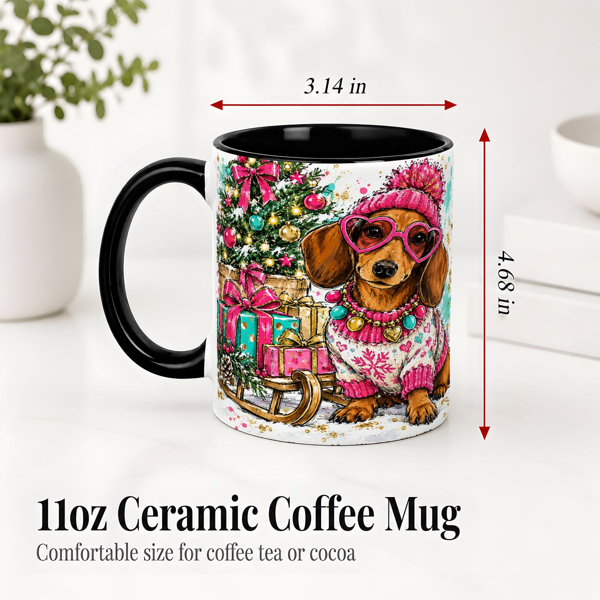 #pl[11oz|Black] Colorful Christmas Dachshund Accent Mug, Ceramic Mug with Dog Art
