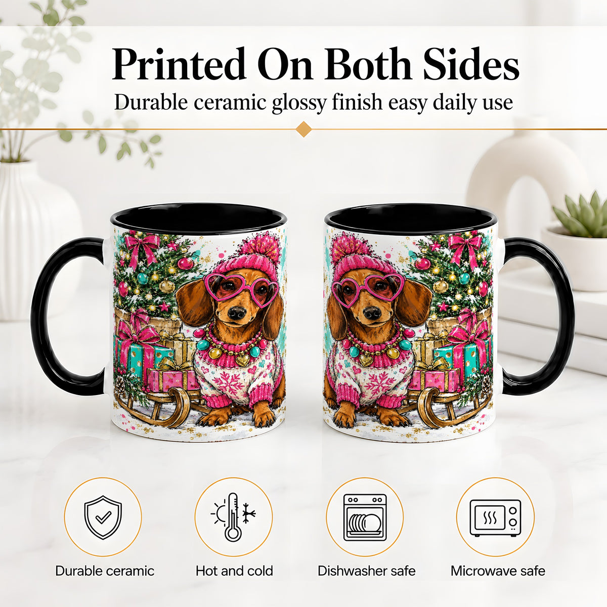 #pl[11oz|Black] Colorful Christmas Dachshund Accent Mug, Ceramic Mug with Dog Art