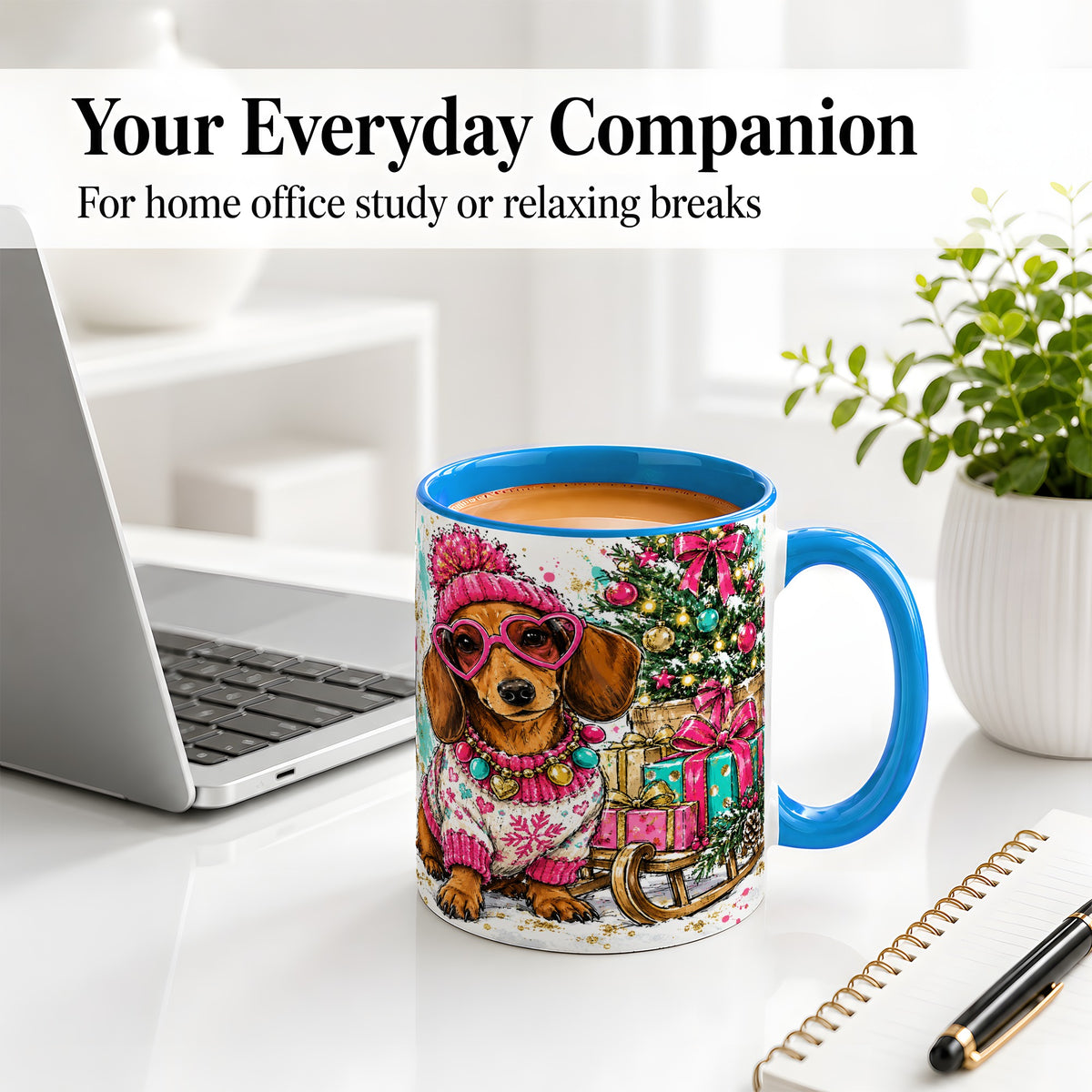 #pl[11oz|Blue] Colorful Christmas Dachshund Accent Mug, Ceramic Mug with Dog Art