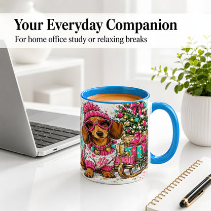 #pl[11oz|Blue] Colorful Christmas Dachshund Accent Mug, Ceramic Mug with Dog Art
