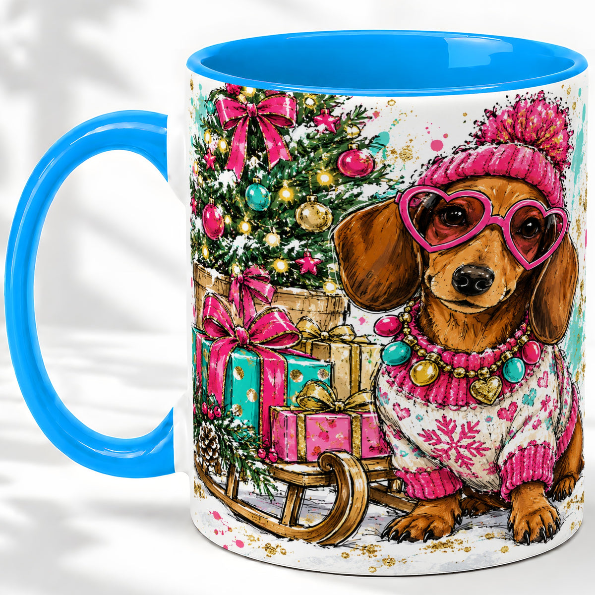 #pl[11oz|Blue] Colorful Christmas Dachshund Accent Mug, Ceramic Mug with Dog Art