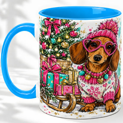 #pl[11oz|Blue] Colorful Christmas Dachshund Accent Mug, Ceramic Mug with Dog Art