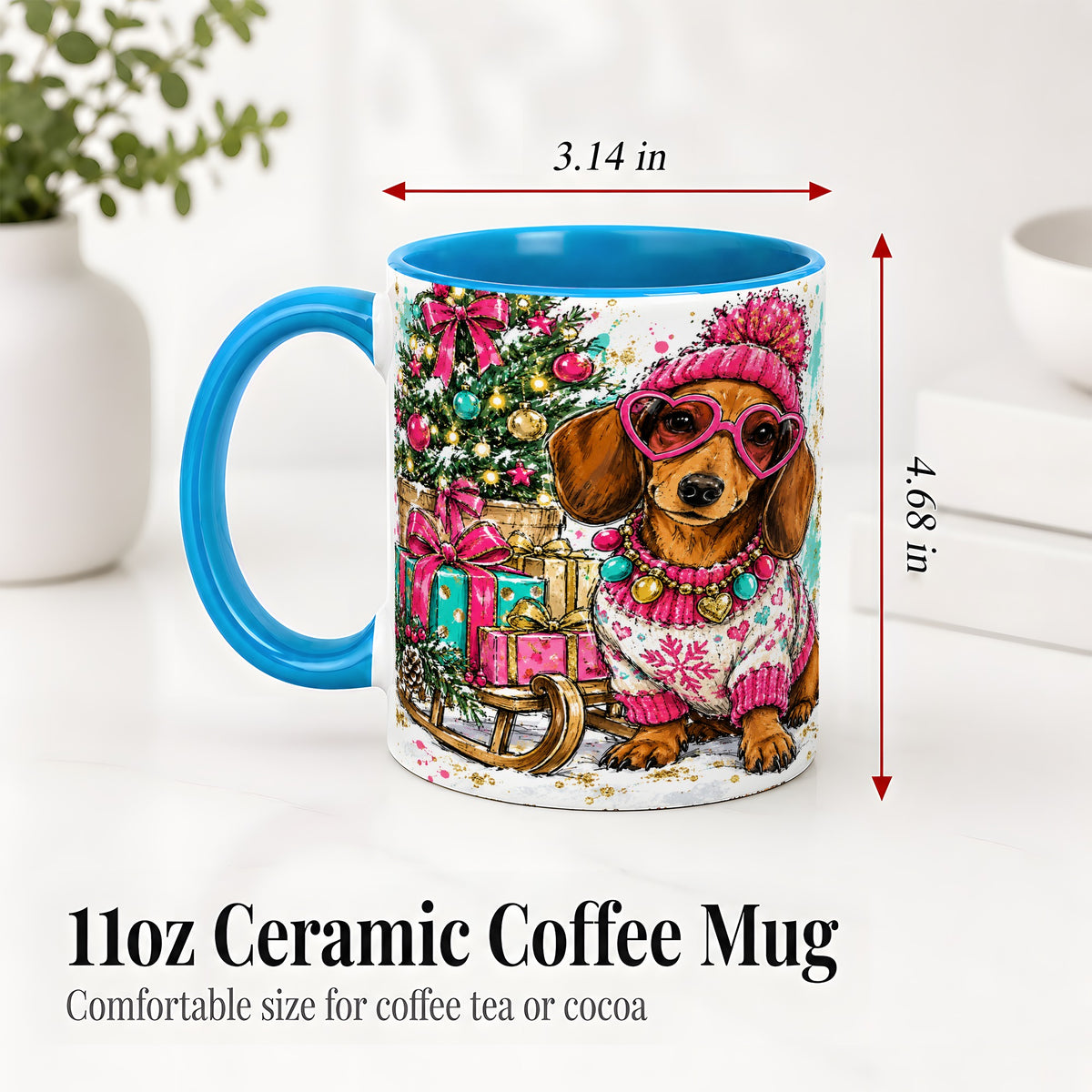 #pl[11oz|Blue] Colorful Christmas Dachshund Accent Mug, Ceramic Mug with Dog Art