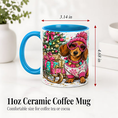 #pl[11oz|Blue] Colorful Christmas Dachshund Accent Mug, Ceramic Mug with Dog Art