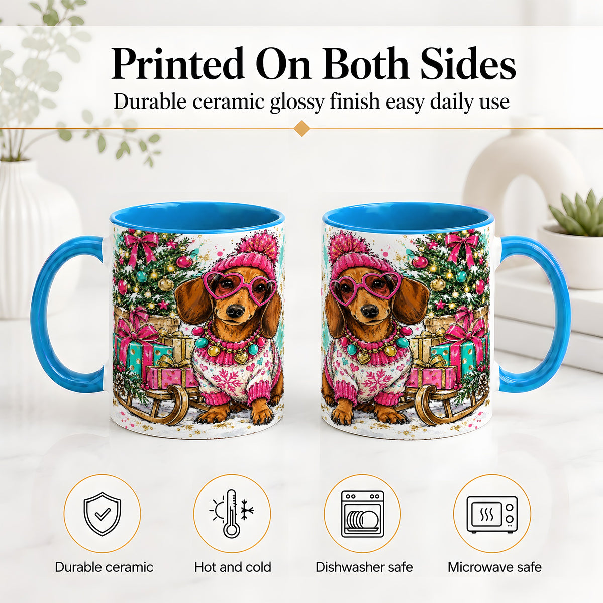#pl[11oz|Blue] Colorful Christmas Dachshund Accent Mug, Ceramic Mug with Dog Art
