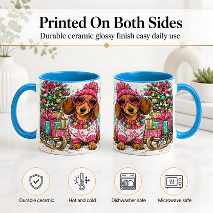 #pl[11oz|Blue] Colorful Christmas Dachshund Accent Mug, Ceramic Mug with Dog Art