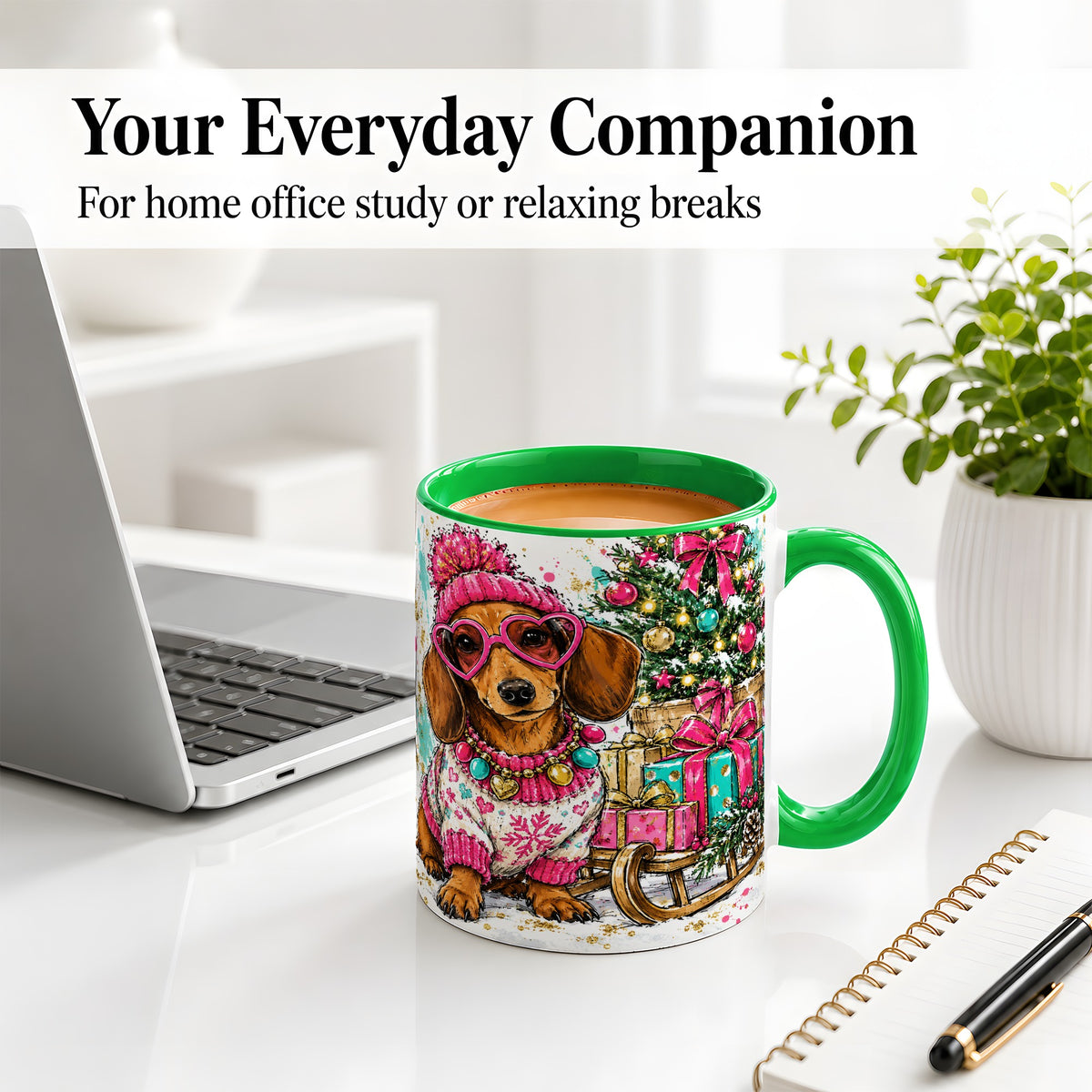 #pl[11oz|Green] Colorful Christmas Dachshund Accent Mug, Ceramic Mug with Dog Art