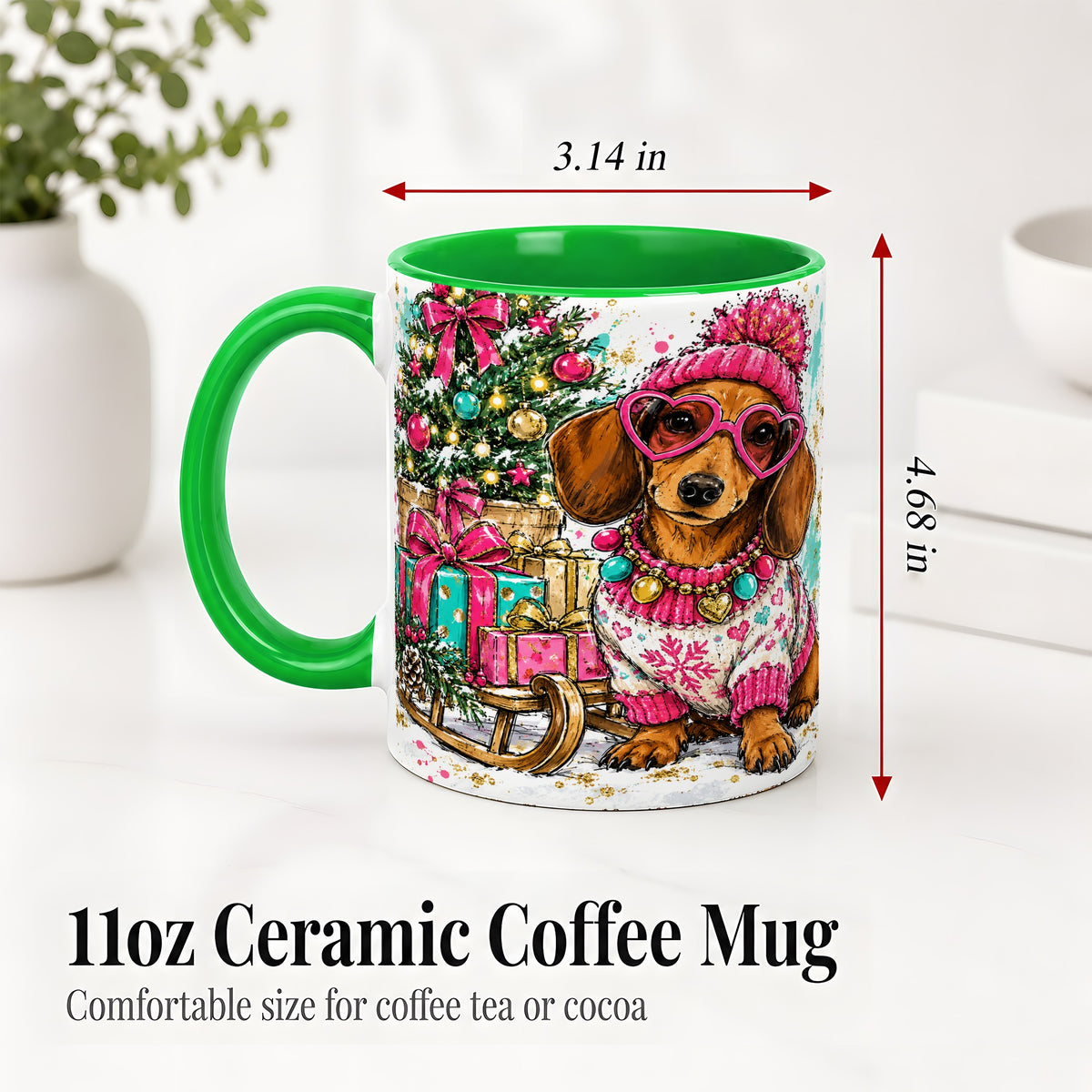 #pl[11oz|Green] Colorful Christmas Dachshund Accent Mug, Ceramic Mug with Dog Art