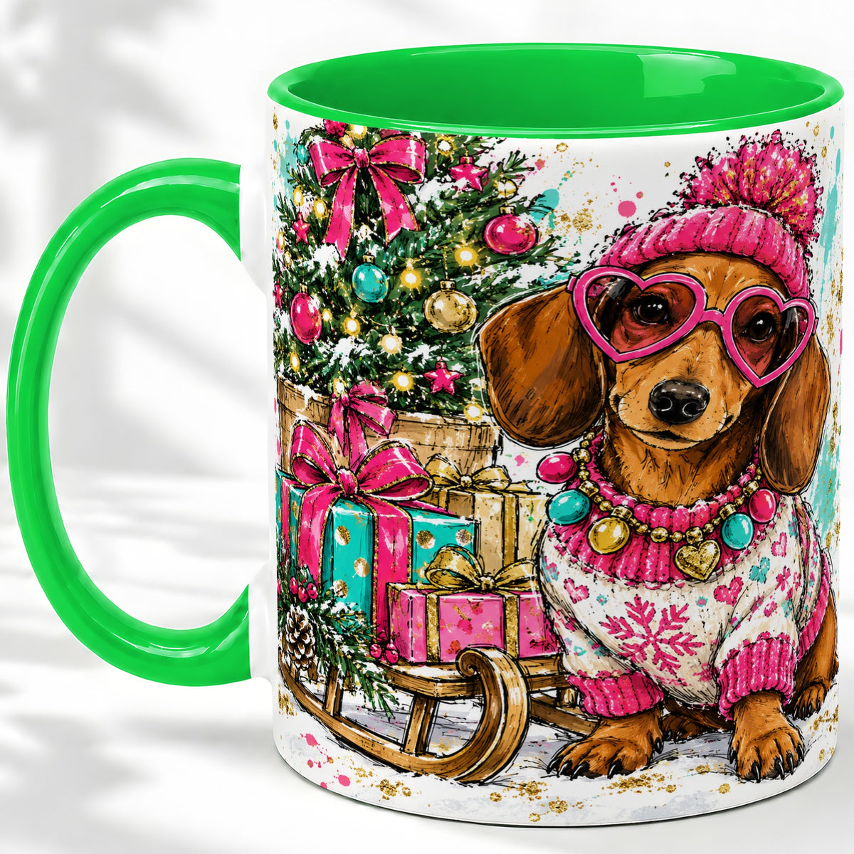 #pl[11oz|Green] Colorful Christmas Dachshund Accent Mug, Ceramic Mug with Dog Art