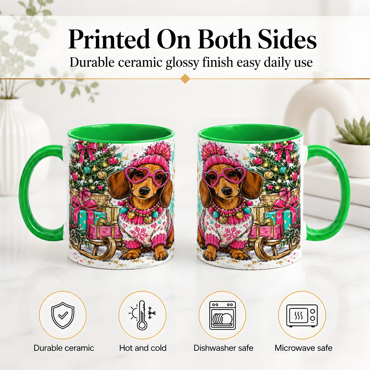 #pl[11oz|Green] Colorful Christmas Dachshund Accent Mug, Ceramic Mug with Dog Art