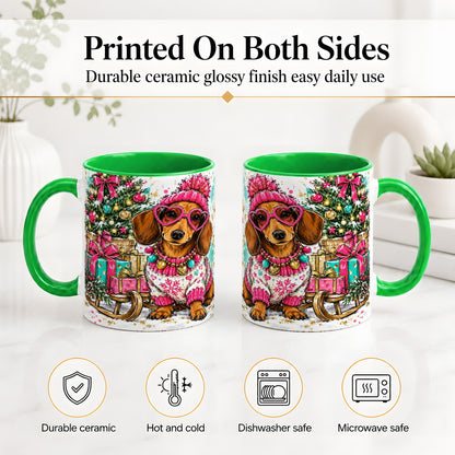 #pl[11oz|Green] Colorful Christmas Dachshund Accent Mug, Ceramic Mug with Dog Art