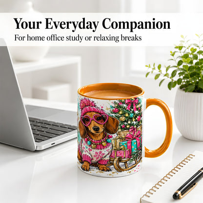 #pl[11oz|Orange] Colorful Christmas Dachshund Accent Mug, Ceramic Mug with Dog Art