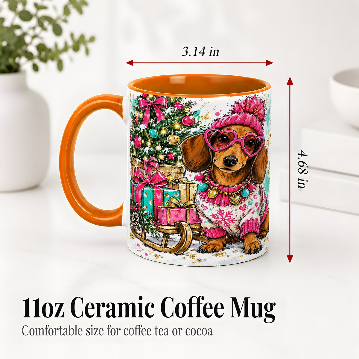 #pl[11oz|Orange] Colorful Christmas Dachshund Accent Mug, Ceramic Mug with Dog Art