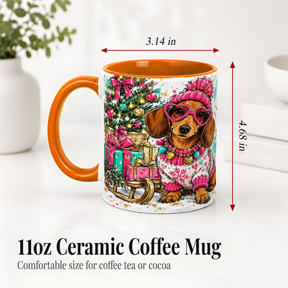 #pl[11oz|Orange] Colorful Christmas Dachshund Accent Mug, Ceramic Mug with Dog Art