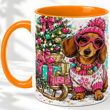 #pl[11oz|Orange] Colorful Christmas Dachshund Accent Mug, Ceramic Mug with Dog Art