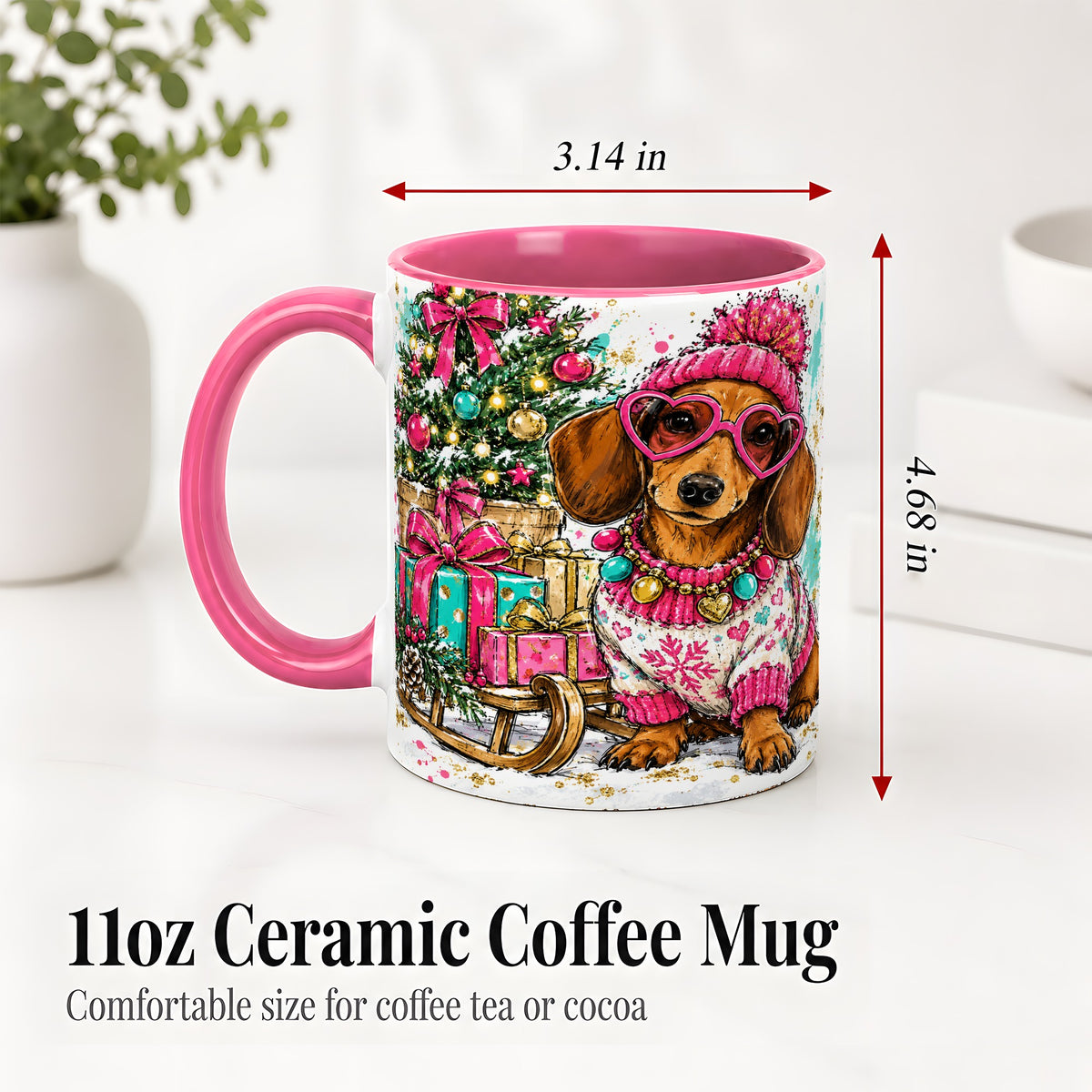 #pl[11oz|Pink] Colorful Christmas Dachshund Accent Mug, Ceramic Mug with Dog Art