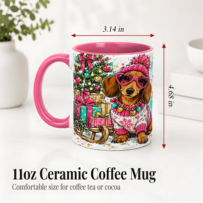 #pl[11oz|Pink] Colorful Christmas Dachshund Accent Mug, Ceramic Mug with Dog Art
