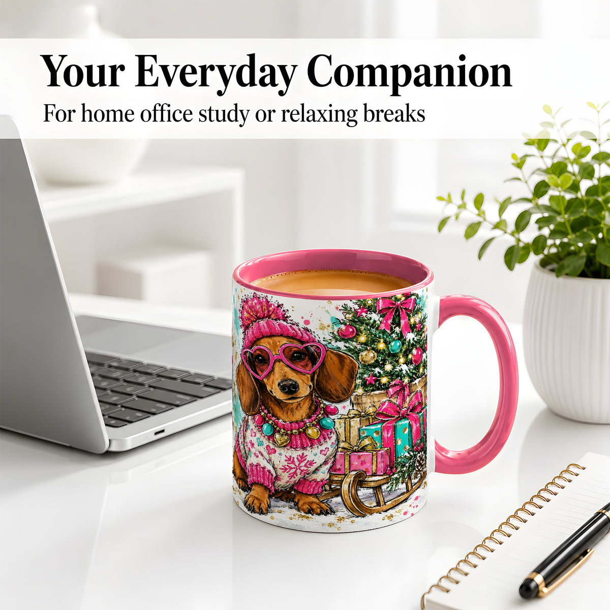 #pl[11oz|Pink] Colorful Christmas Dachshund Accent Mug, Ceramic Mug with Dog Art