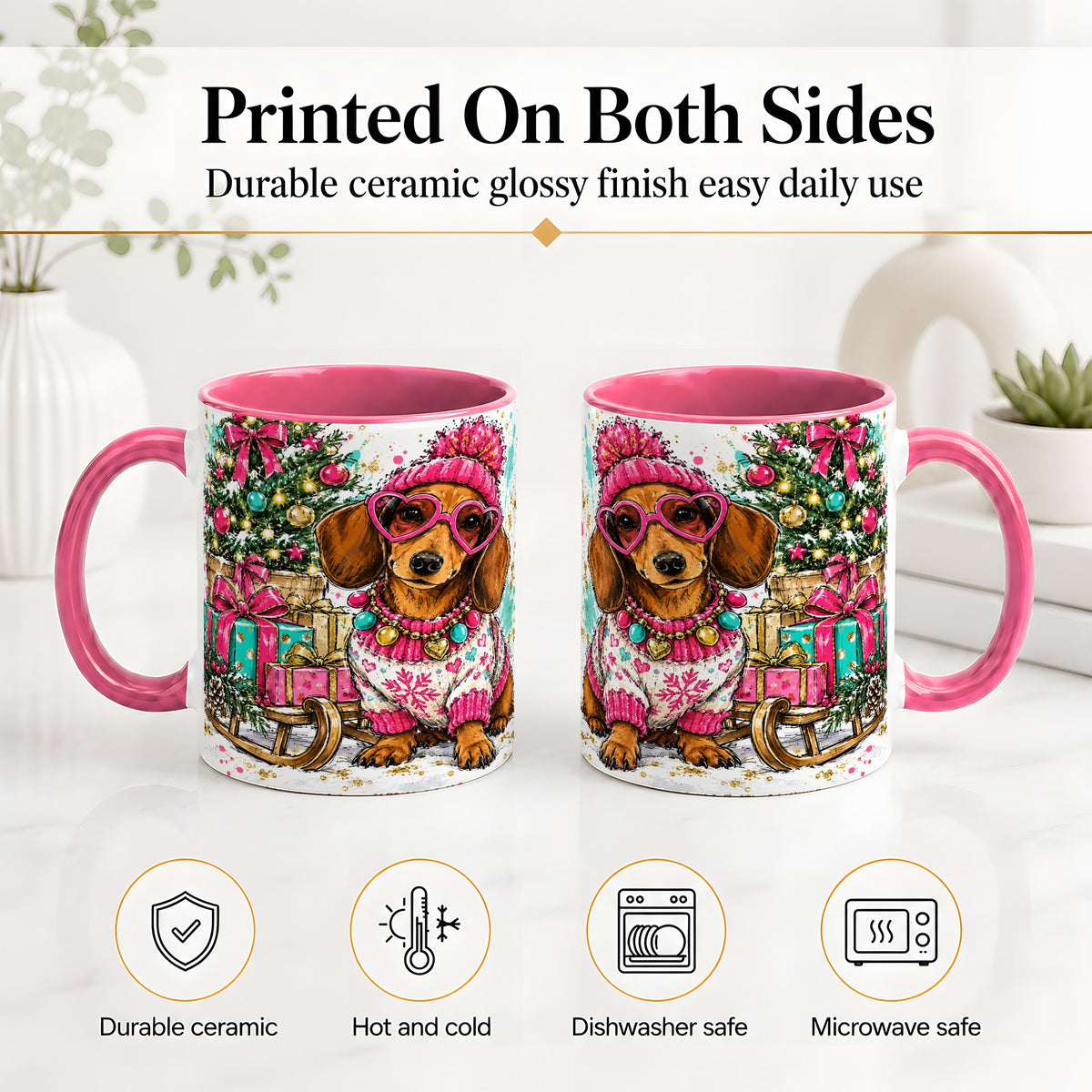 #pl[11oz|Pink] Colorful Christmas Dachshund Accent Mug, Ceramic Mug with Dog Art