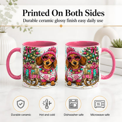 #pl[11oz|Pink] Colorful Christmas Dachshund Accent Mug, Ceramic Mug with Dog Art