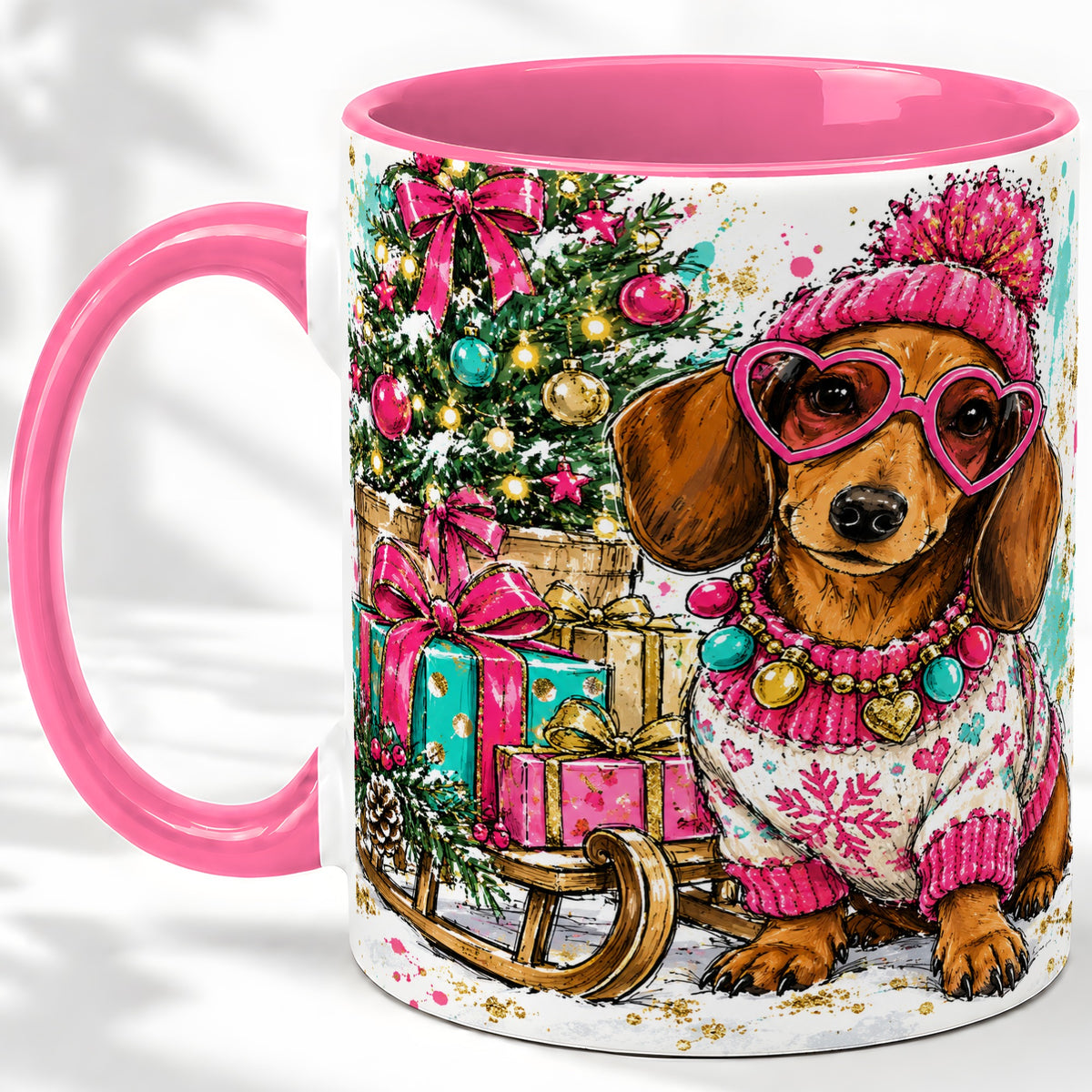 #pl[11oz|Pink] Colorful Christmas Dachshund Accent Mug, Ceramic Mug with Dog Art